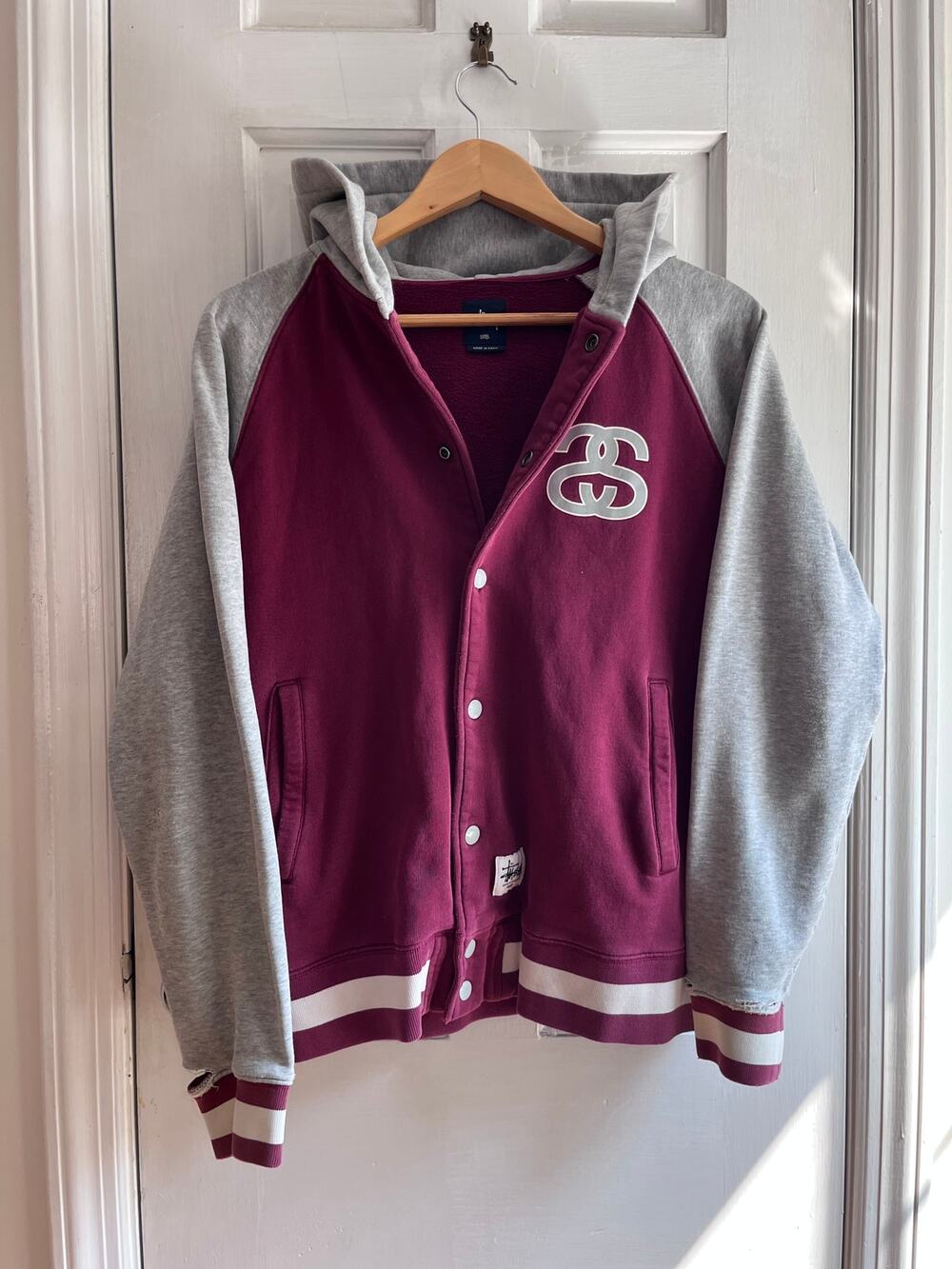 Vintage Stussy Distressed Varsity Sweatshirt Hoodie Jacket S | Streetwear Grail
